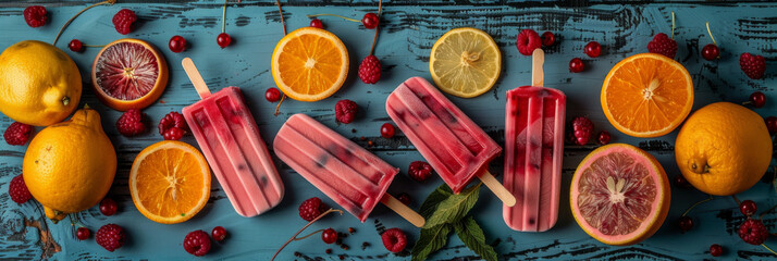 Refreshing Homemade Fruit Popsicles with Citrus and Berries on Blue Wood