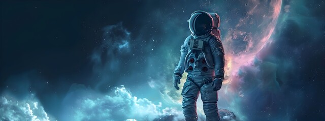 Fototapeta na wymiar A lone astronaut in a spacesuit explores a fantastical planet, Earth a distant memory concept.