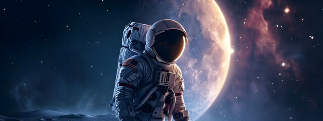 Naklejka premium A lone astronaut in a spacesuit explores a fantastical planet, Earth a distant memory concept.