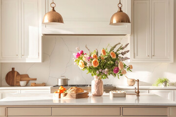 Fototapeta premium Discover a serene kitchen scene, bathed in natural light, showcasing an elegant bouquet