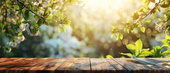 Beautiful spring background with green juicy young foliage and empty wooden table in nature outdoor. Natural template with Beauty bokeh and sunlight
 - obrazy, fototapety, plakaty