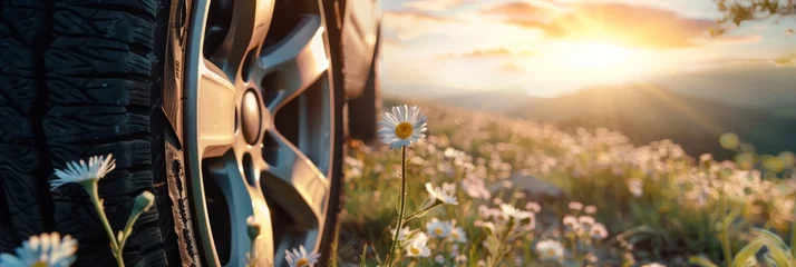 Fotobehang Closeup of car tire with summer nature background, spring meadow landscape with daisies and wild flowers under the sunlight, copy space concept banner for all terrain tires ad, travel trip vacation id © korisbo