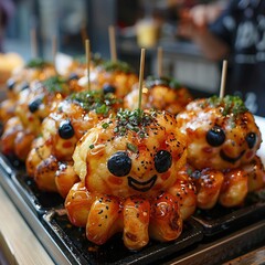 Friendly takoyaki monster, mascot with savory tentacles, joyful expression, japanese street snack fantasy food - obrazy, fototapety, plakaty