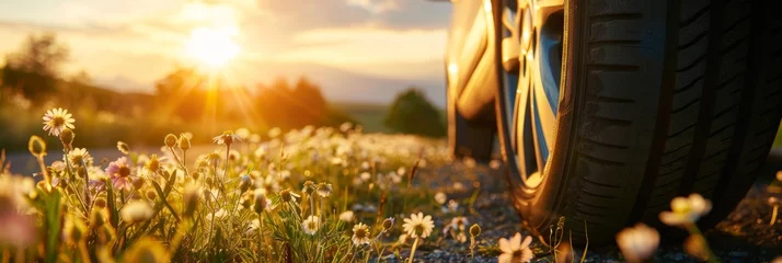 Zelfklevend Fotobehang Closeup of car tire with summer nature background, spring meadow landscape with daisies and wild flowers under the sunlight, copy space concept banner for all terrain tires ad, travel trip vacation id © korisbo
