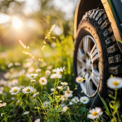 Closeup of car tire with summer nature background, spring meadow landscape with daisies and wild flowers under the sunlight, copy space concept banner for all terrain tires ad, travel trip vacation id - obrazy, fototapety, plakaty