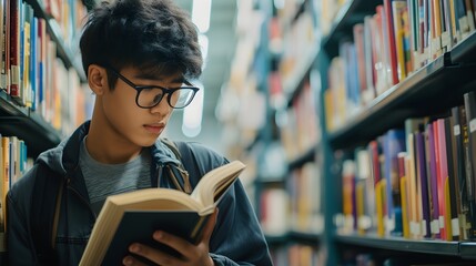 A nerd man studying in a college library, surrounded by books and bookshelves, one person reading a book. - obrazy, fototapety, plakaty