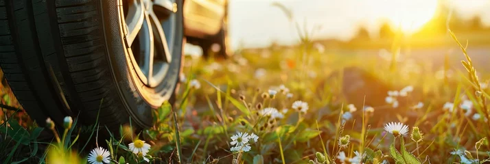Foto auf Acrylglas Antireflex Closeup of car tire with summer nature background, spring meadow landscape with daisies and wild flowers under the sunlight, copy space concept banner for all terrain tires ad, travel trip vacation id © korisbo
