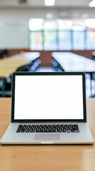 Laptop with Blank Screen on School Desk in Classroom Setting