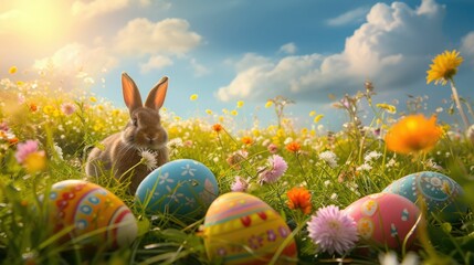 A painting of a bunny rabbit amidst Easter eggs and flowers in a natural landscape, with a blue sky...
