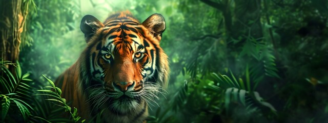 A powerful Bengal tiger, hidden in tall grass, with only its striped face visible - obrazy, fototapety, plakaty