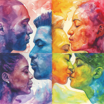 A watercolor quadriptych captures the fluidity of love across the LGBTQ+ spectrum, portraying tender moments and diverse relationships around a central, unifying individual.