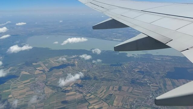 Aerial shot from the plane of the Balaton lake in Hungary