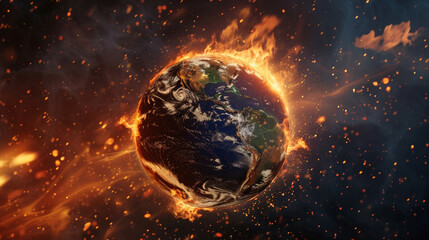 Global warming shown as burning earth. 