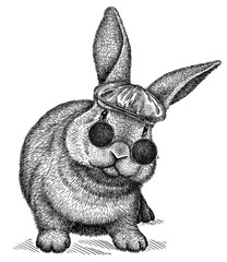 Vintage engraving isolated rabbit glasses dressed fashion set illustration hare ink sketch. Easter bunny background jackrabbit silhouette sunglasses hipster hat art. Black and white hand draw image - obrazy, fototapety, plakaty