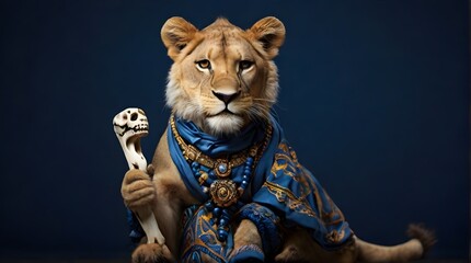  lioness holding a bone-Regal Radiance: Lioness Majesty in Azure Attire, Clutching a Prized Bone - Captured in Studio Brilliance with High-Resolution Precision, Illuminated by Studio Lights, Isolated 