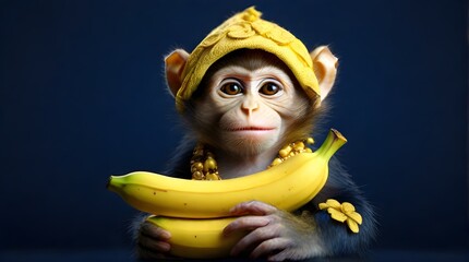 cute monkey with banana-Banana Chic: A High-Resolution Portrait of a Adorable Monkey in a Yellow Hat, Grasping a Studio-Lit Banana Against a Deep Blue Background - Captured in Stunning 8K Detail