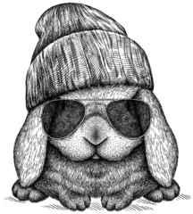 Foto op Aluminium Vintage engraving isolated rabbit glasses dressed fashion set illustration hare ink sketch. Easter bunny background jackrabbit silhouette sunglasses hipster hat art. Black and white hand draw image © Turaev