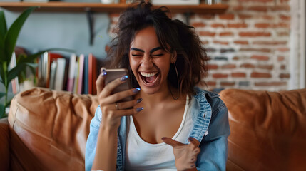 Excited young latin woman sitting on a sofa and reacting with joy to something on her cellphone - obrazy, fototapety, plakaty