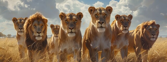 Tiger and lion close-ups in wildlife lion, animal, lioness, cat, predator, safari, mammal, feline, carnivore, big cat, portrait, zoo, leo, hunter, resting, dangerous in Savanna - obrazy, fototapety, plakaty