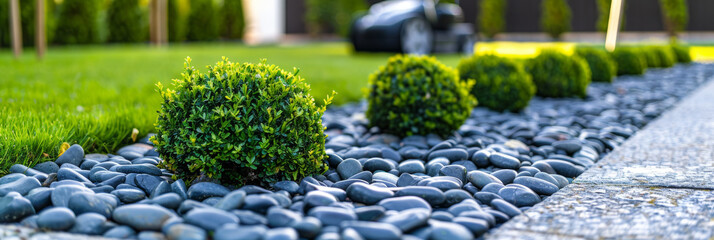 Modern Home Garden Path with Boxwood Shrubs and Pebble Accents - obrazy, fototapety, plakaty