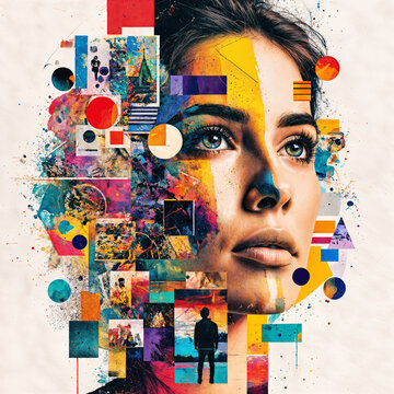 The image is a collage of various photos featuring a woman's face. The face is surrounded by a variety of colorful shapes, creating an artistic and visually interesting composition.
