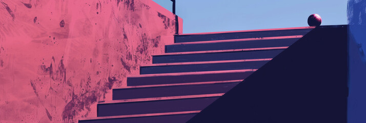 Abstract Urban Landscape with Ball on Stairs in Blue and Pink Tones