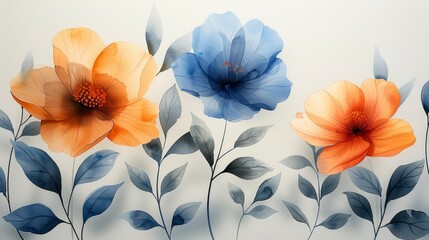 The image shown here is an abstract art background with orange and pink floral bouquets, wildflowers and leaves painted by hand for use as wall decor, posters, or wallpaper.
