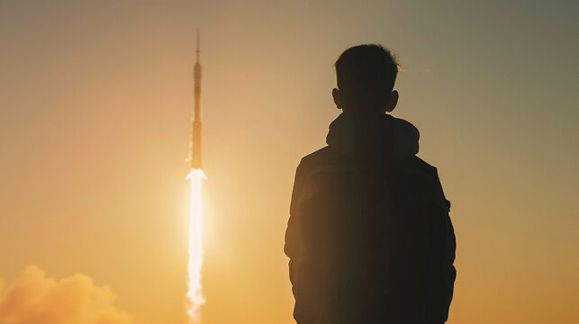 Rocket soaring, astronaut watching, Bung Fai, clear sky, backlight, silhouette shot