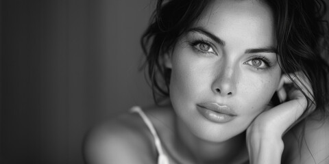 Portrait studio noir et blanc d'une femme de 40 ans romantique et glamour avec de beaux yeux et beaucoup de charme