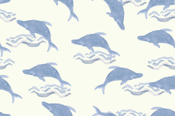 Seamless pattern of dolphin painted in watercolor.Suitable for designing fabric patterns.Sea backgrounds, wallpapers.cute animal cartoon pattern background.Fish pattern.