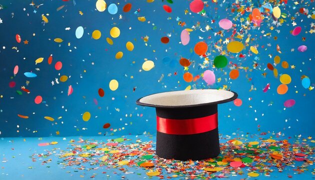 CARTOLA DE M&Aacute;GICO: PLANO DE FUNDO QUE RETRATA UMA CARTOLA COM MUITOS CONFETES PARA CELEBRAR UMA FESTA, O DIA DO M&Aacute;GICO E O DIA DA MENTIRA
