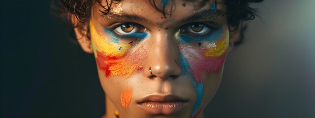 Close-up of a beautiful man face with rainbow colorful glamorous makeup, makeup artist portrait, gay or lgbtq sexual