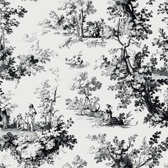 Hand Drawn Pattern With Vintage Kitchen Toile de Jouy 03