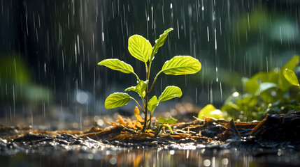 Green seedlings growing on the ground in the rain - obrazy, fototapety, plakaty