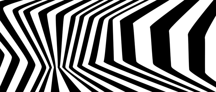 Geometric Optical Psychedelic Art with Black, White Colors. Background Abstract Line Striped Twist. Swirl Hypnotic Pattern for Celebration, Ads, Branding, Banner, Cover, Label, Poster.