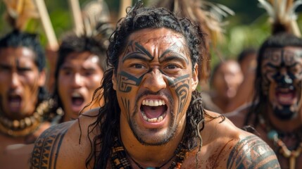 Maori tribes warriors, traditional tattoo Polynesian people of New Zealand. - obrazy, fototapety, plakaty
