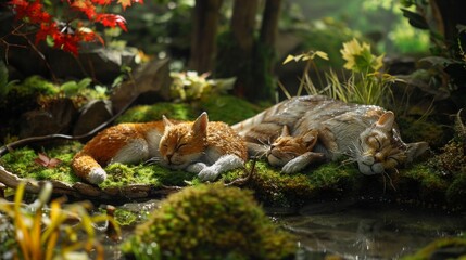 Serene animals lounging leisurely on a bed of vibrant green grass, the tranquil atmosphere punctuated by the occasional rustle of leaves and the distant murmur of a babbling brook - obrazy, fototapety, plakaty