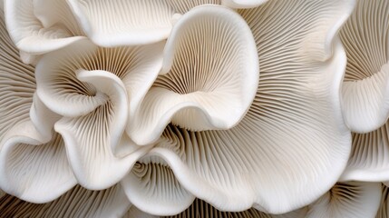 Beautiful texture and pattern on underside gills of farmed white oyster mushroom. - obrazy, fototapety, plakaty
