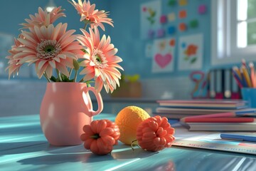 Orange flower arrangement in pink pot on classroom desk with school supplies and colored pencils in the background.