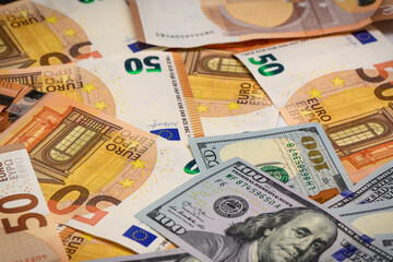 Dollar and euro Closeup Concept. Dollar and euro Cash Money. Banknotes. Cash of Dollar and euro bills, money background.5