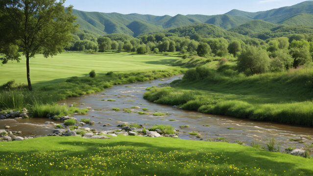 A Lush Green Landscape with a Meandering River and Rolling Hills