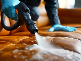 A detailer using a steam cleaner to remove stains from upholstery