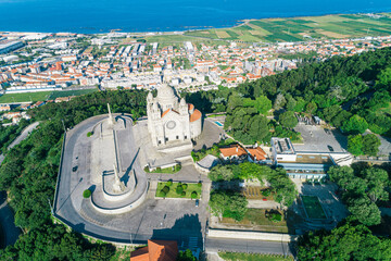 drone aerial view of the basilica of Santa Luzia in Viana do Castelo, famous catholic temple in...