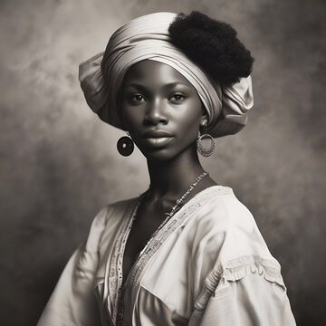 Traditional black and white photo of African American black female woman wearing headdress and earrings