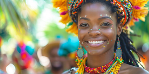 Portrait of beautiful african american woman with dreadlocks smiling at camera at Festival. Joyful Celebration