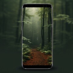 Smartphone with a transparent screen on a dark background in the forest