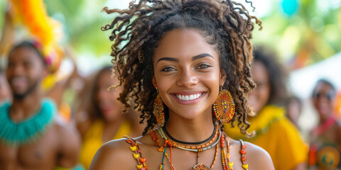 Portrait of a beautiful african american woman with dreadlocks, smiling at the camera.