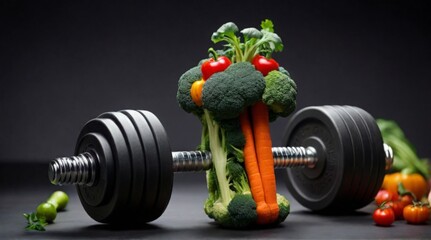 Dumbbells next to food, healthy eating and sports concept - 774072267