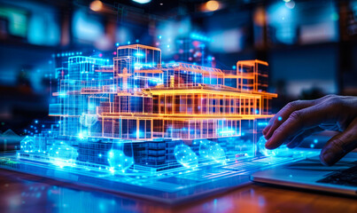 Holographic 3D building model on laptop, digital Building Information Modeling (BIM) technology for architectural design, construction planning, and project management in a futuristic setting
