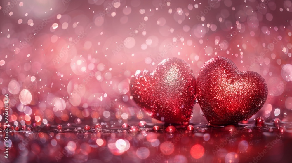 Sticker Two red hearts are sitting on a table in front of some water droplets, AI